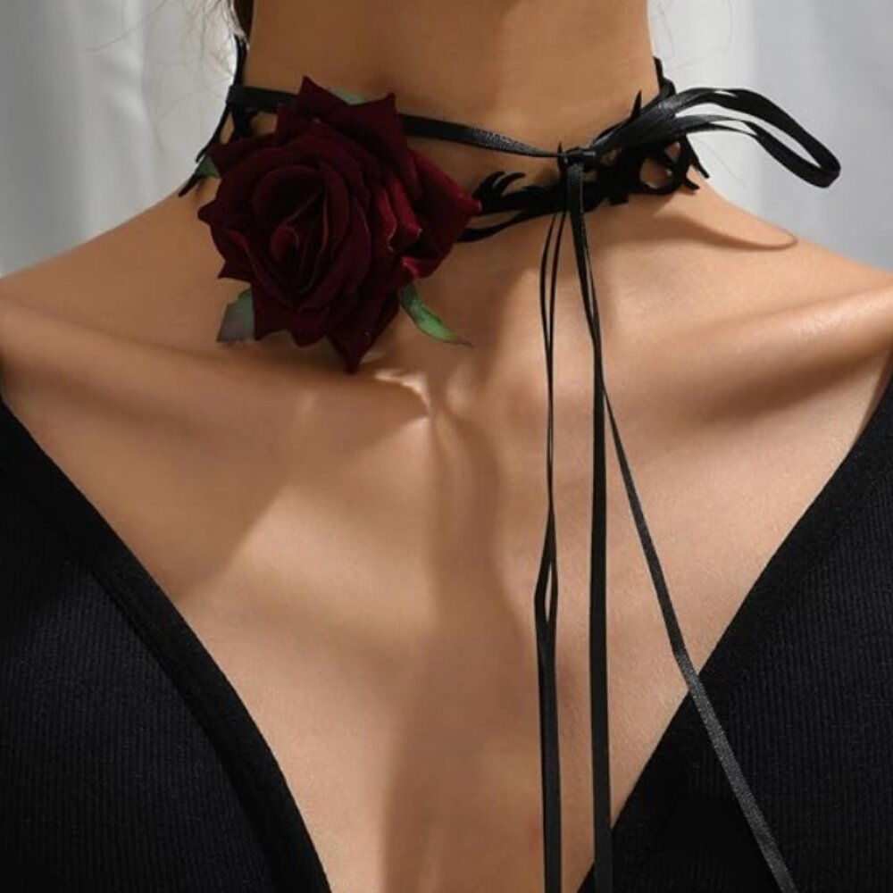 RED ROSE  Layered Velvet Lace Collar Necklace – Adjustable Gothic Choker